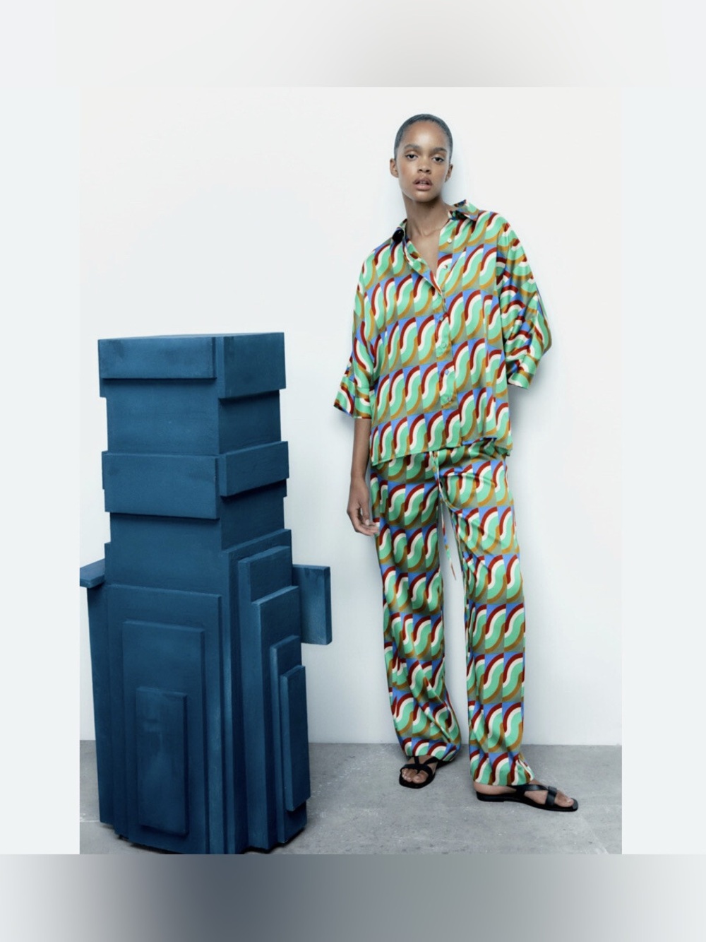 Zara Geometric Print Satin Pants | Size XL